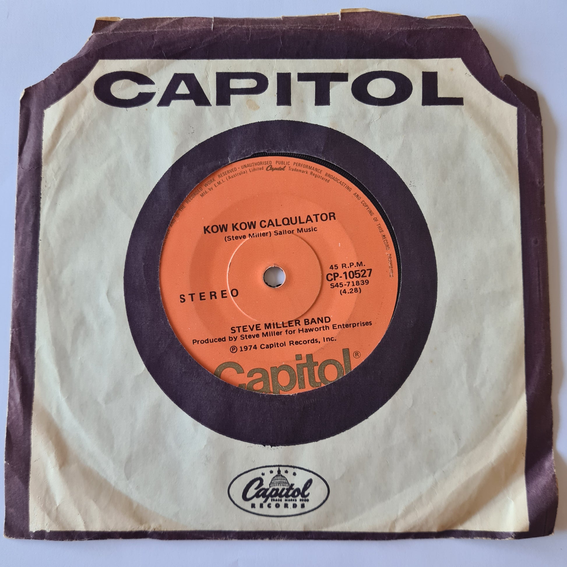 Steve Miller Band - Living In The U.S.A. / Kow Kow Calqulator - 1974 - Vinyl Record 7" Single - 45 RPM - Sound Hound Records