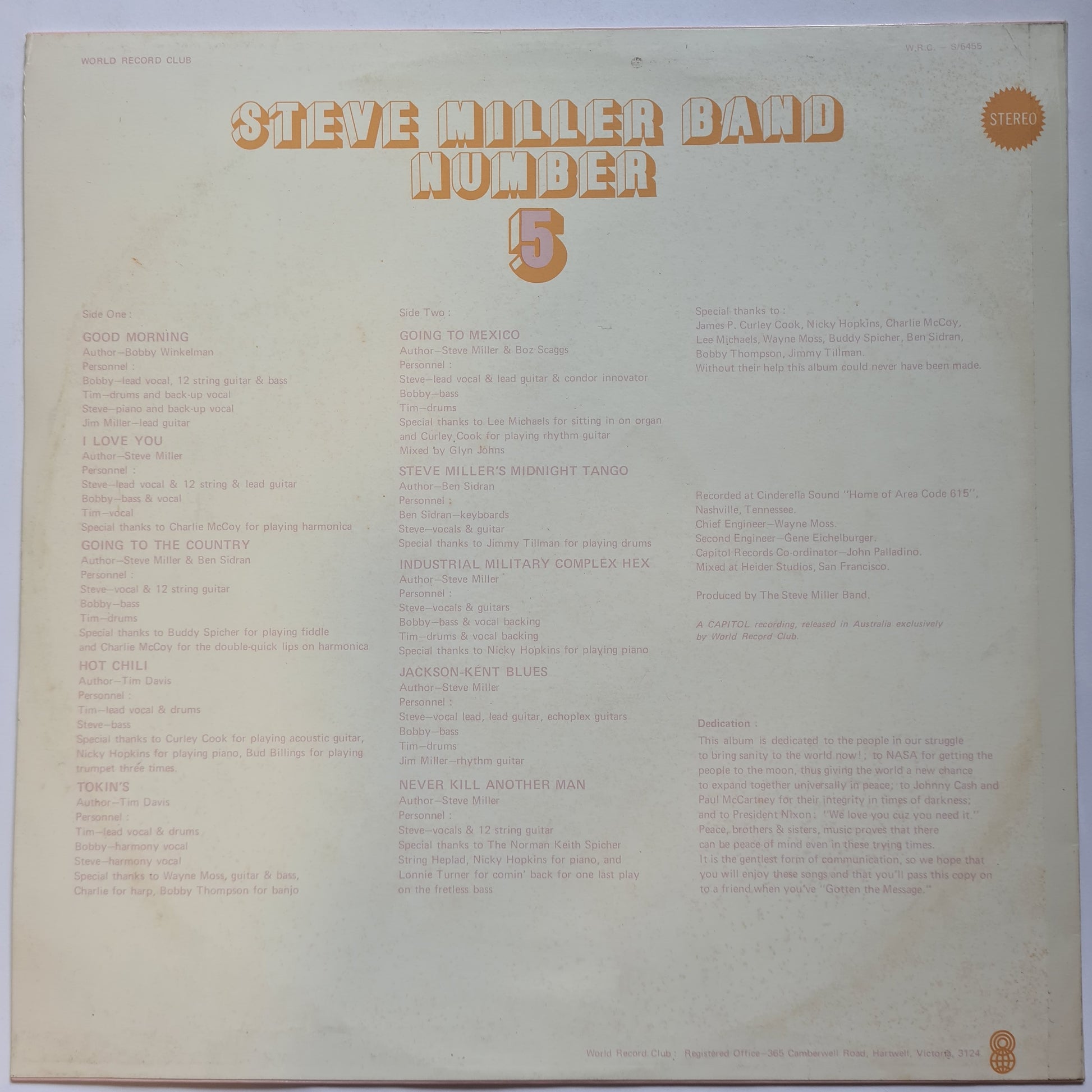 Steve Miller Band – Number 5 - 1970 (1973 Australian Pressing) - Vinyl Record LP (near mint) - Sound Hound Records