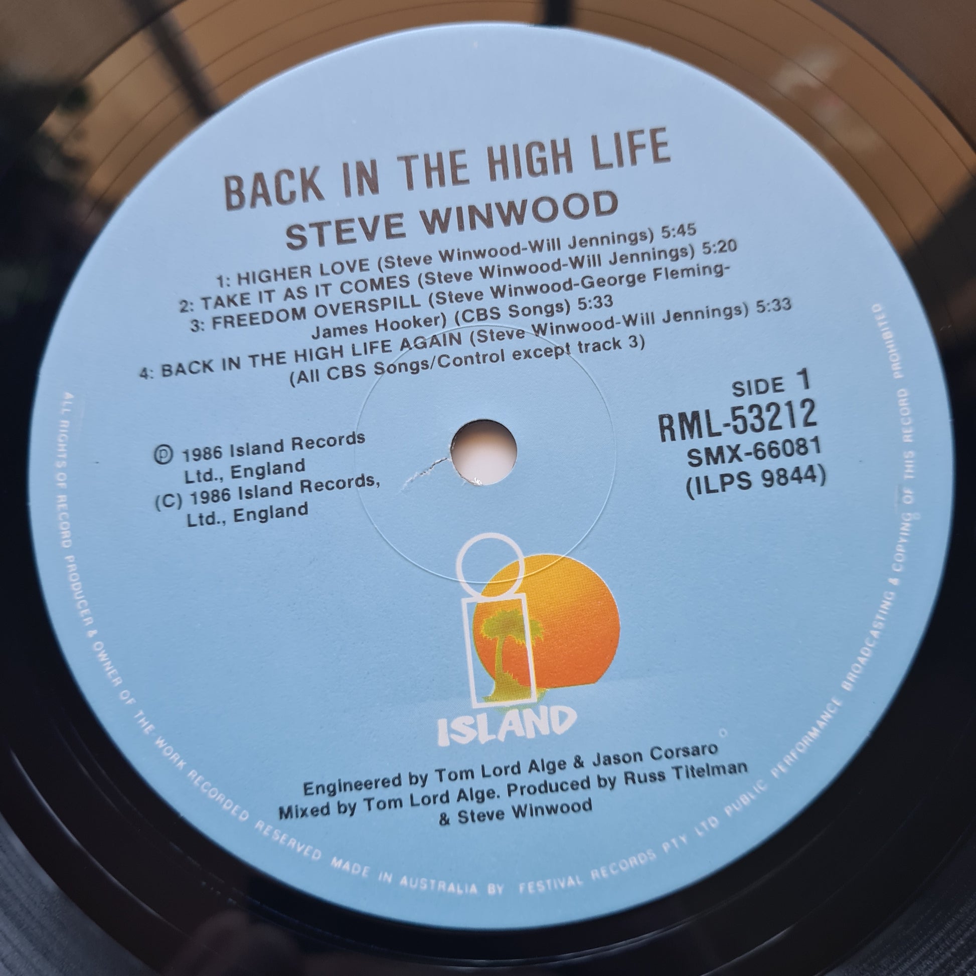 Stevie Winwood – Back In The High Life - 1986 - Vinyl Record LP (near mint) - Sound Hound Records