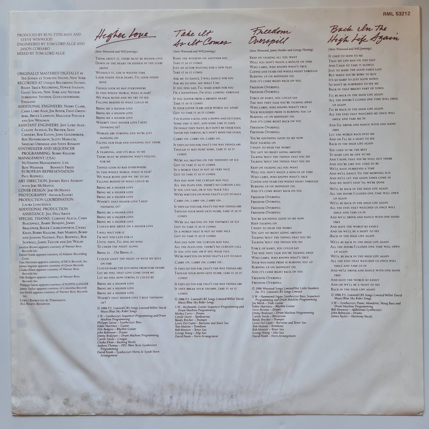 Stevie Winwood – Back In The High Life - 1986 - Vinyl Record LP (near mint) - Sound Hound Records