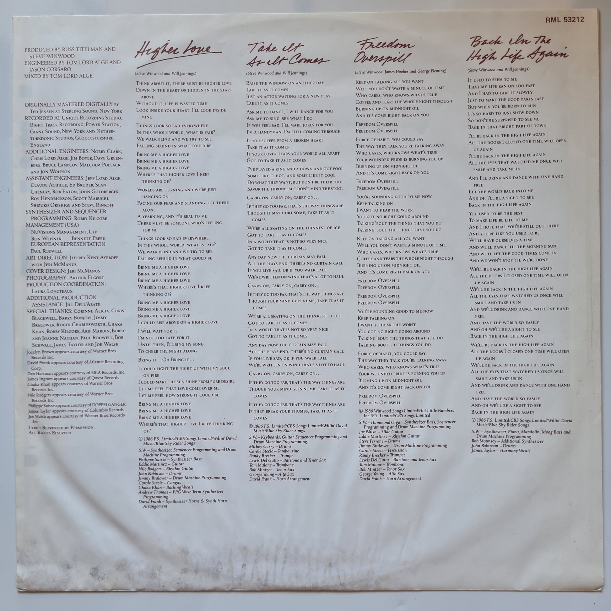 Stevie Winwood – Back In The High Life - 1986 - Vinyl Record LP (near mint) - Sound Hound Records
