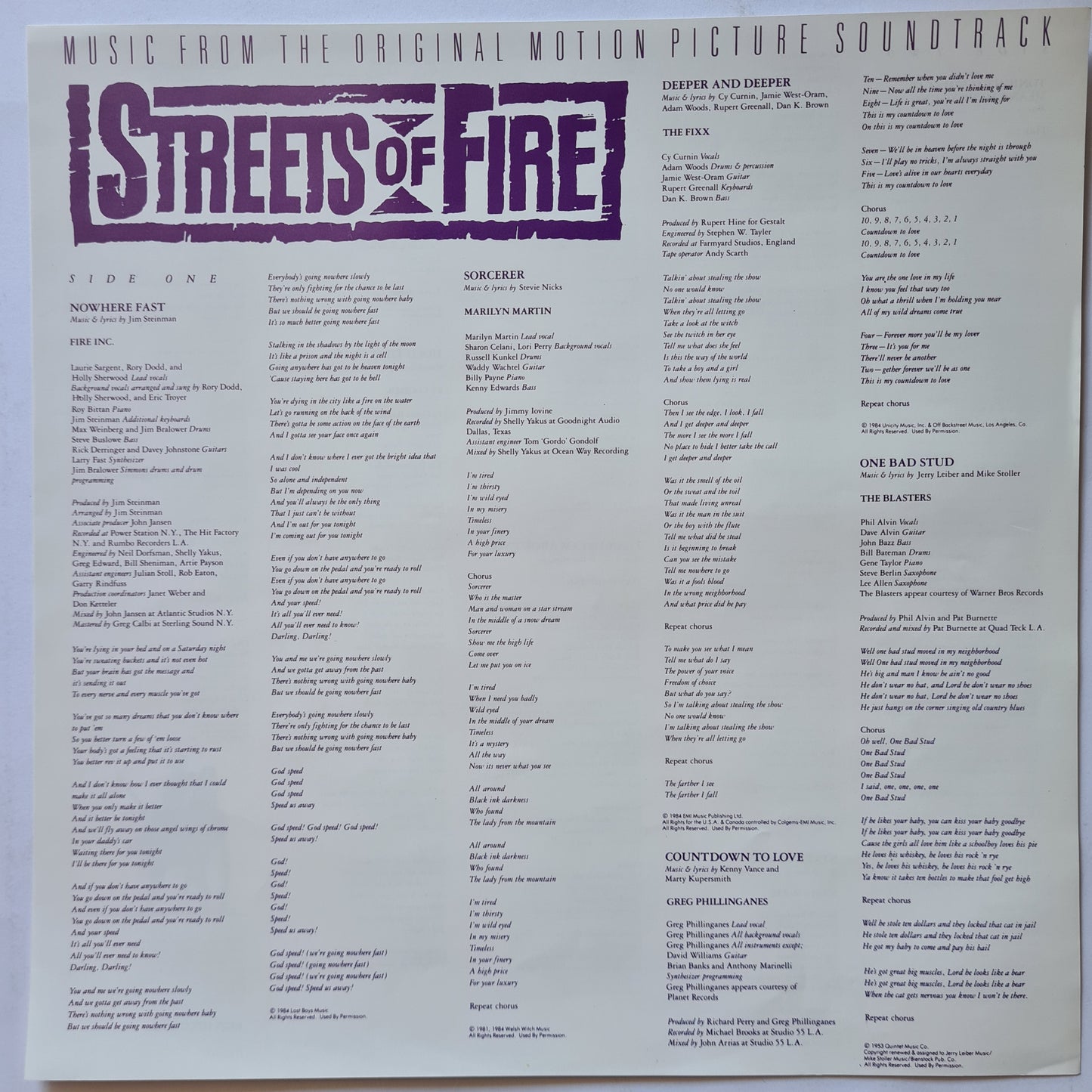 Streets Of Fire – The Original Movie Soundtrack - 1984 (Japanese Pressing) - Vinyl Record LP - Sound Hound Records