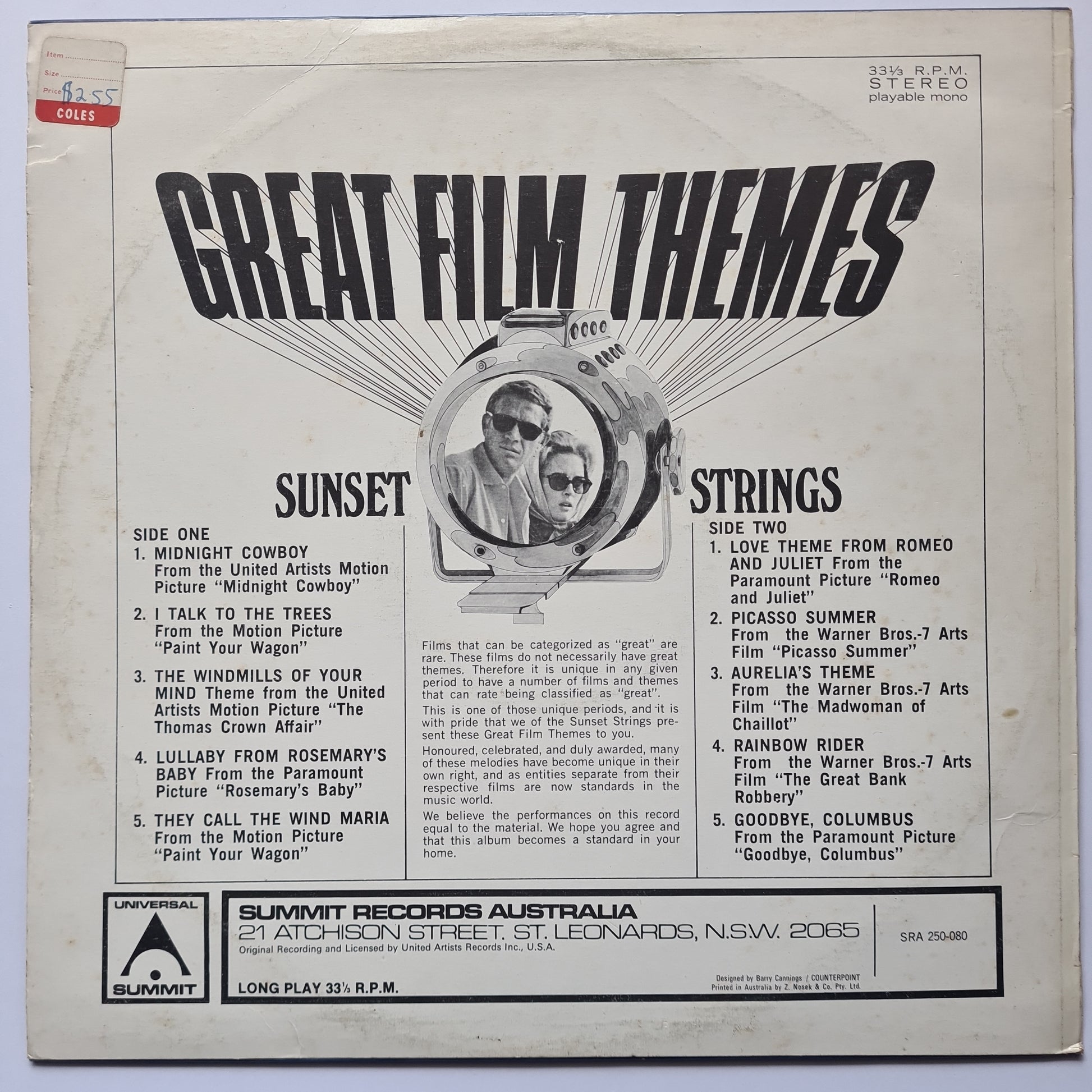 Sunset Strings – Great Film Themes - Australian Pressing - Vinyl Record LP - Sound Hound Records
