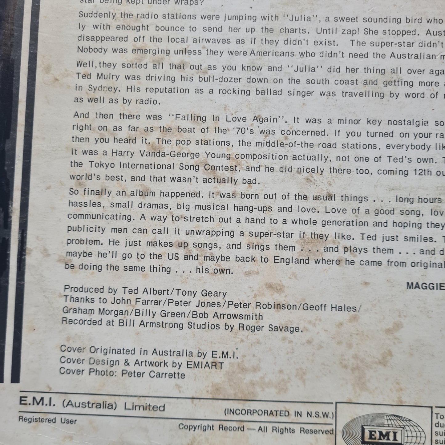 Ted Mulry – Falling In Love - 1971 (1st pressing Parlophone Label) - Vinyl Record LP - Sound Hound Records