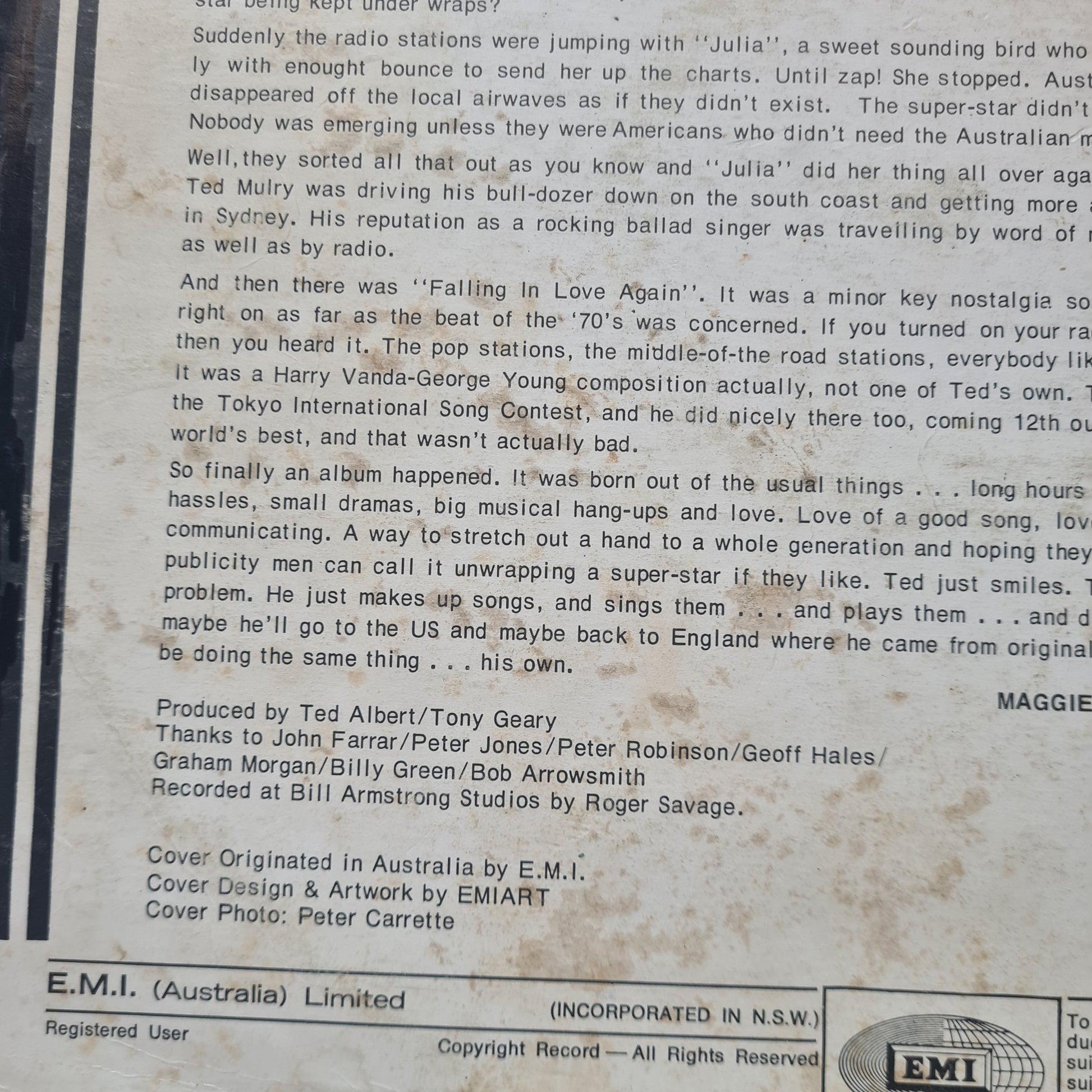 Ted Mulry – Falling In Love - 1971 (1st pressing Parlophone Label) - Vinyl Record LP - Sound Hound Records