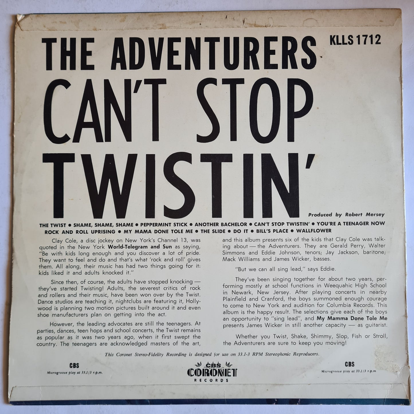 The Adventurers – Can't Stop Twistin' - 1961 - Vinyl Record LP - Sound Hound Records