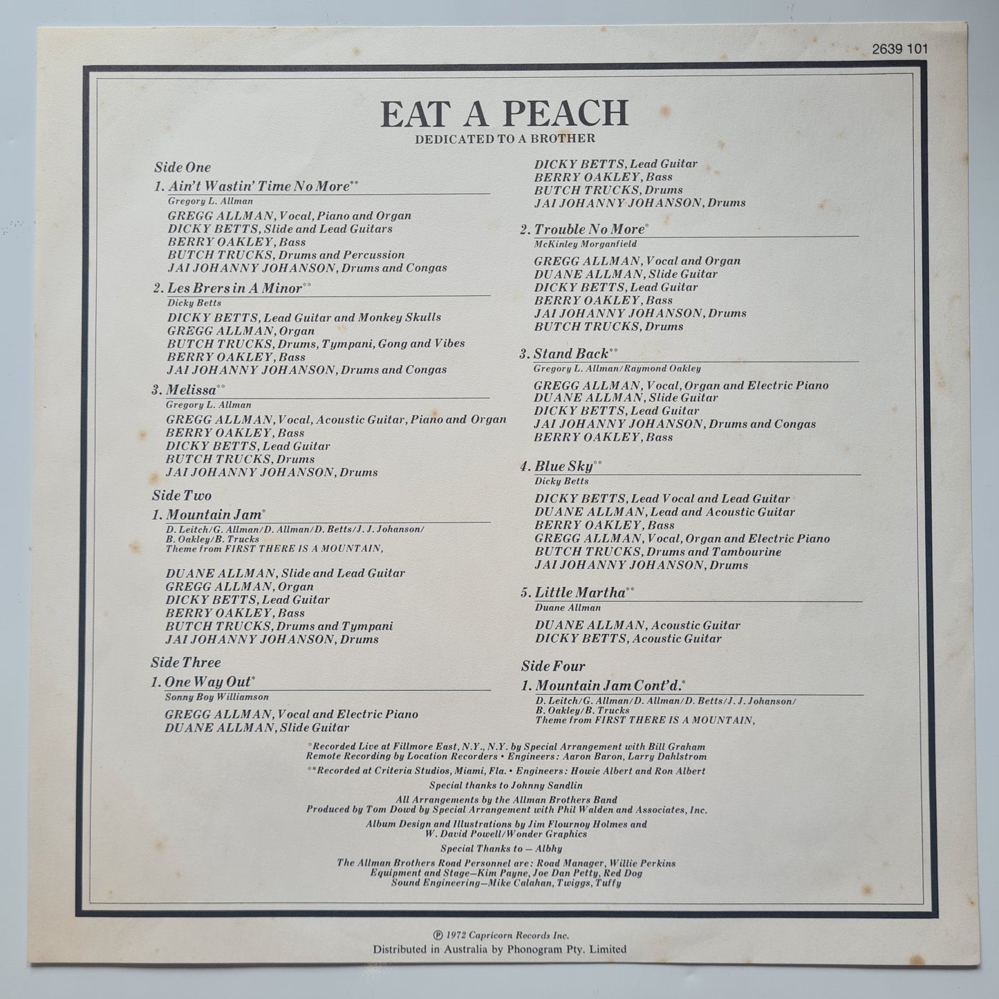 The Allman Brothers Band – Eat A Peach - 1972 (1976 Australian pressing) - Vinyl Record 2LP (near mint) - Sound Hound Records