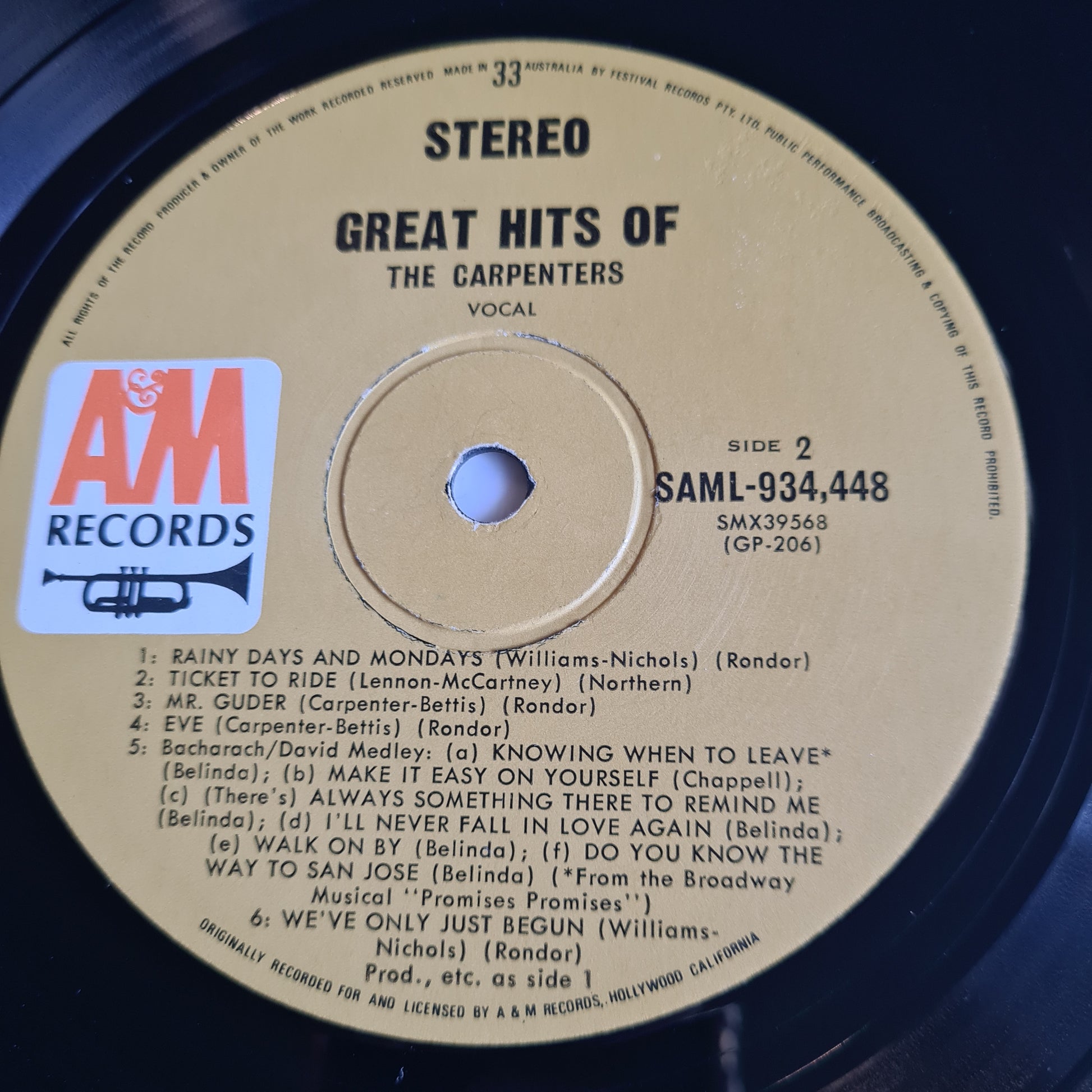 The Carpenters – Great Hits Of The Carpenters - 1971 - Vinyl Record LP - Sound Hound Records