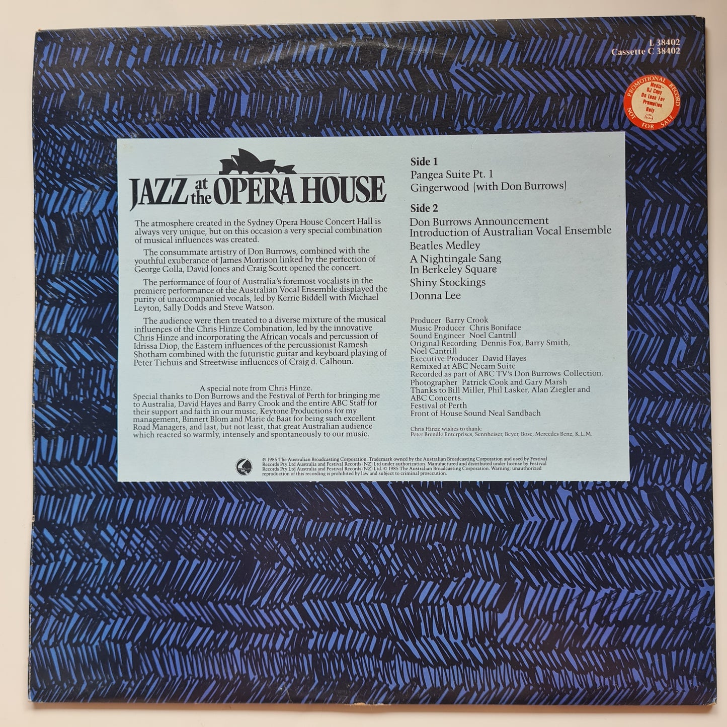 The Don Burrows Quintet, The Australian Vocal Ensemble, The Chris Hinze Combination – Jazz At The Opera House: Traditional to Experimental- 1985 - Vinyl Record LP - Sound Hound Records