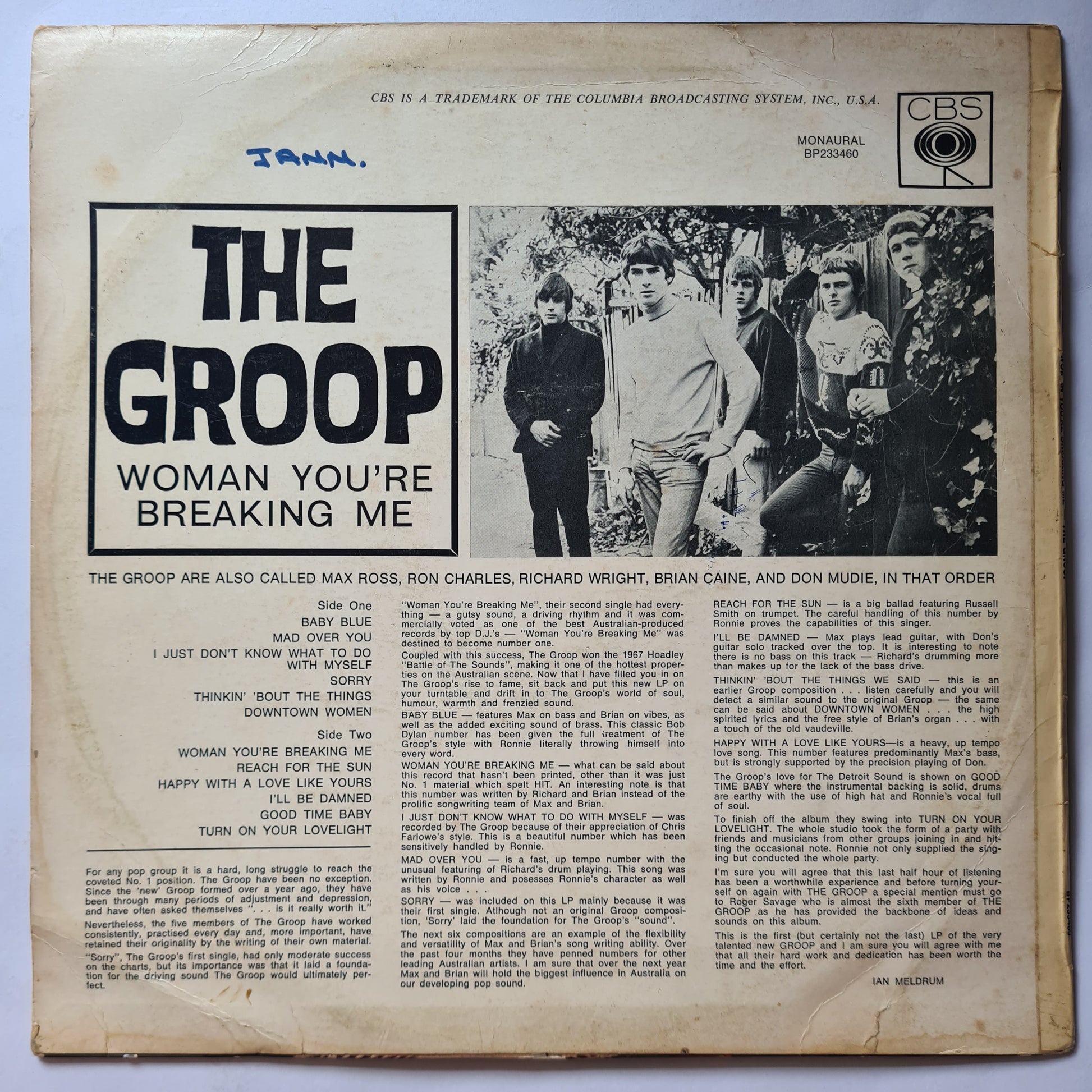 The Groop – Woman You're Breaking Me - 1967 (MONO Pressing) - Vinyl Record LP - Sound Hound Records