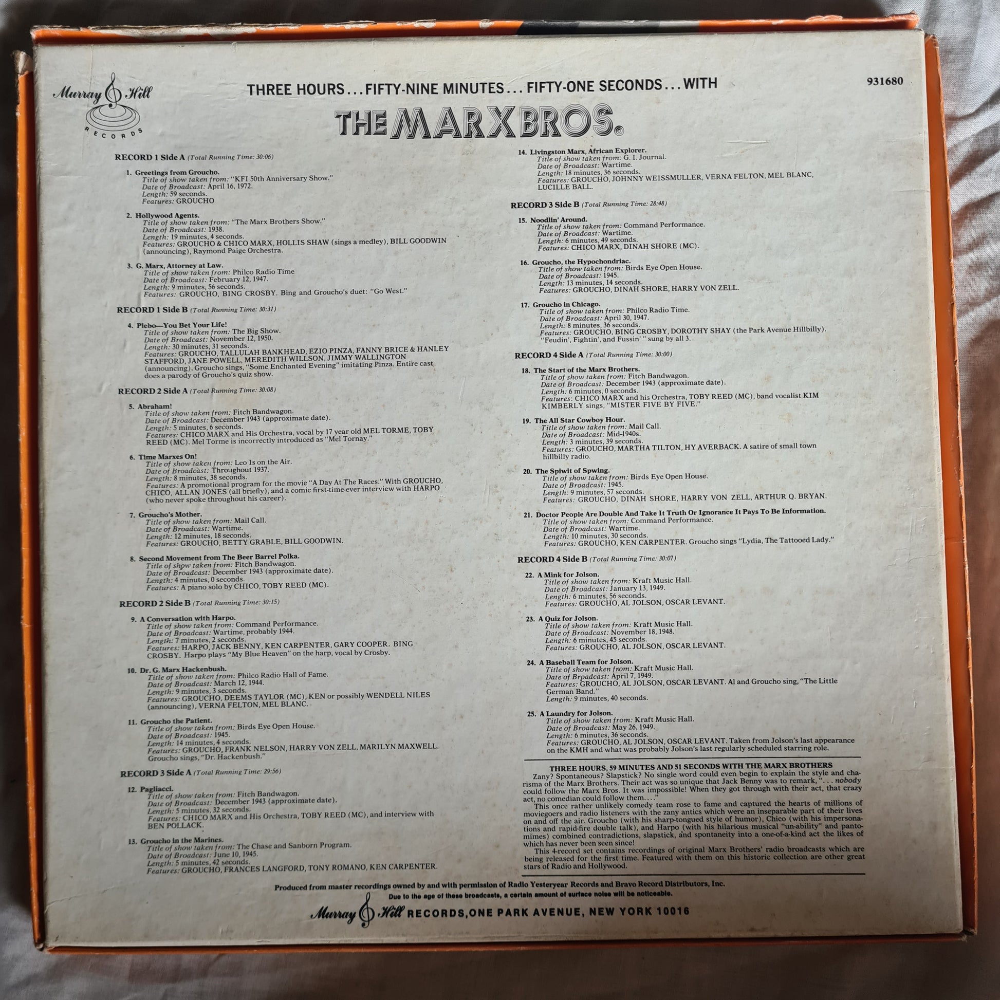 The Marx Brothers – Three Hours... Fifty-Nine Minutes... Fifty-One Seconds... With The Marx Brothers - 1974 - Vinyl Record 4LP BOX SET - Sound Hound Records