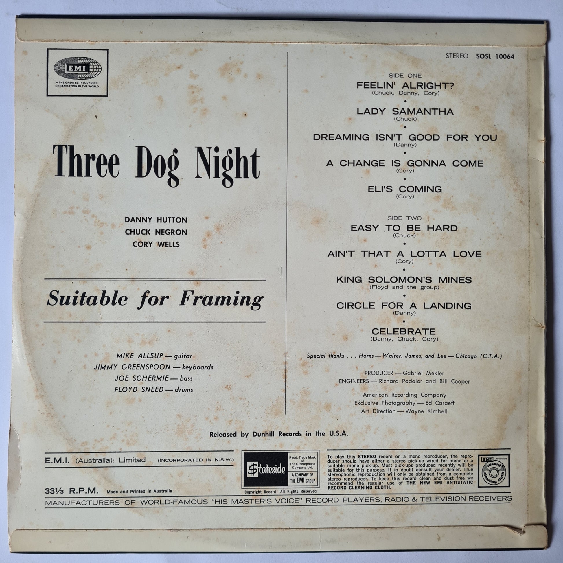 Three Dog Night – Suitable For Framing - 1969 (Australian Pressing) - Vinyl Record LP - Sound Hound Records