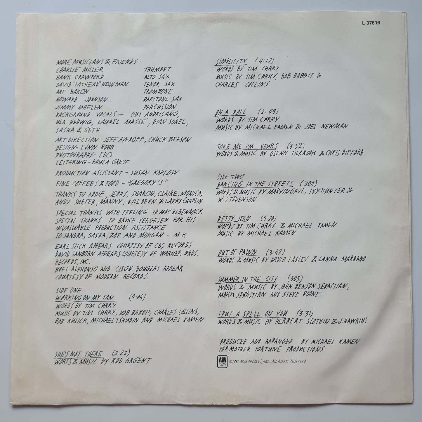 Tim Curry – Simplicity - 1981 - Vinyl Record LP - Sound Hound Records