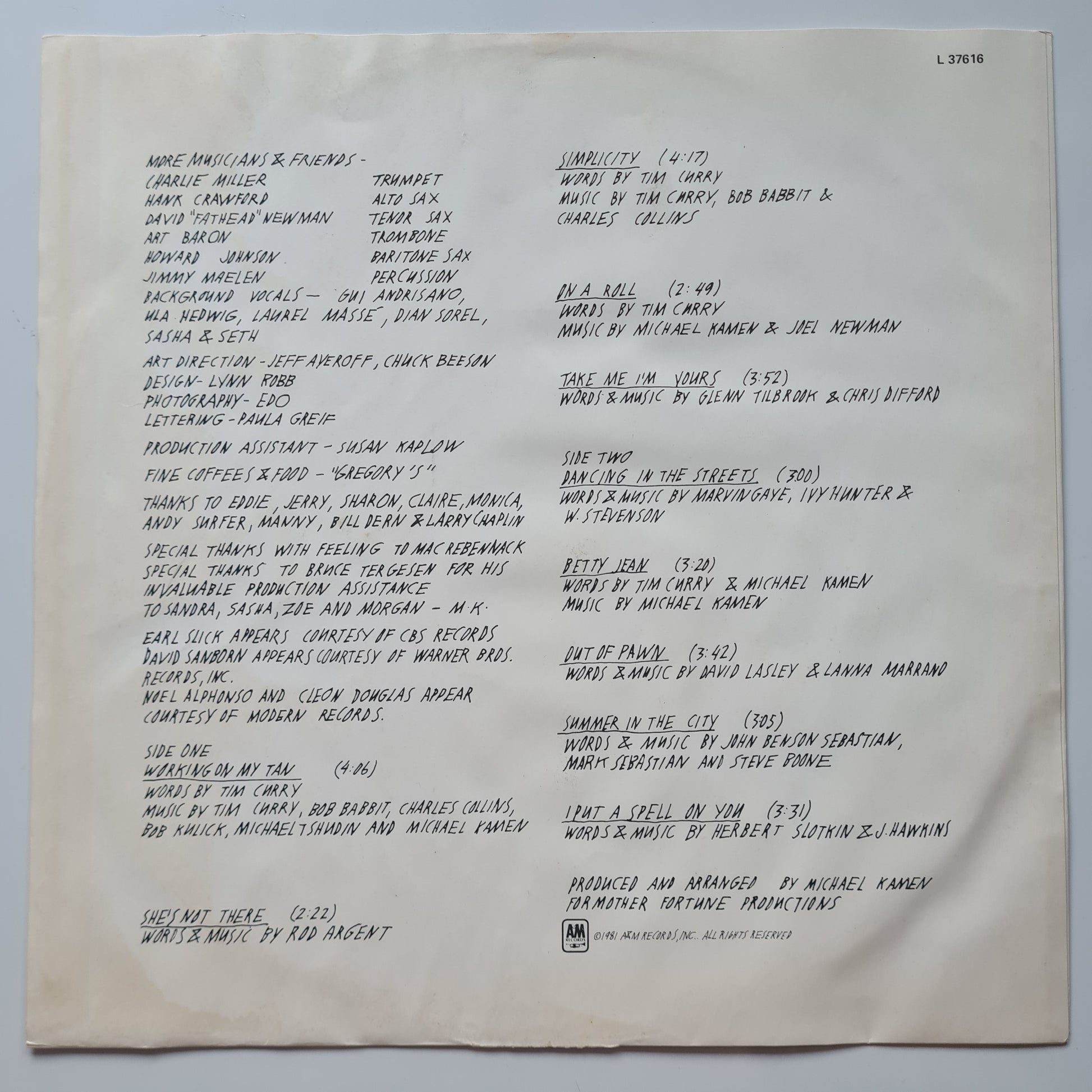 Tim Curry – Simplicity - 1981 - Vinyl Record LP - Sound Hound Records