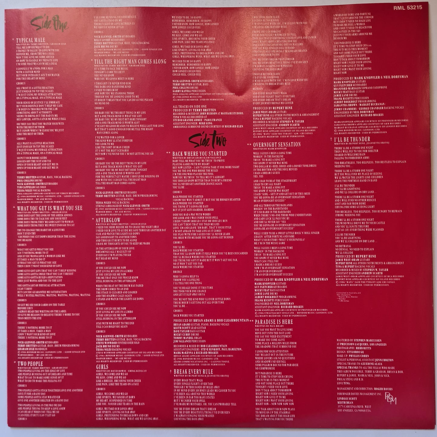 Tina Turner – Break Every Rule - 1986 - Vinyl Record LP - Sound Hound Records