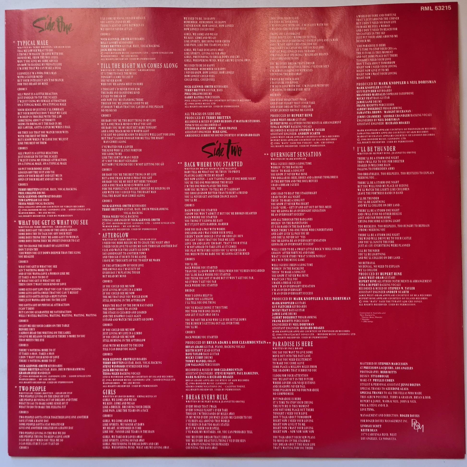 Tina Turner – Break Every Rule - 1986 - Vinyl Record LP - Sound Hound Records
