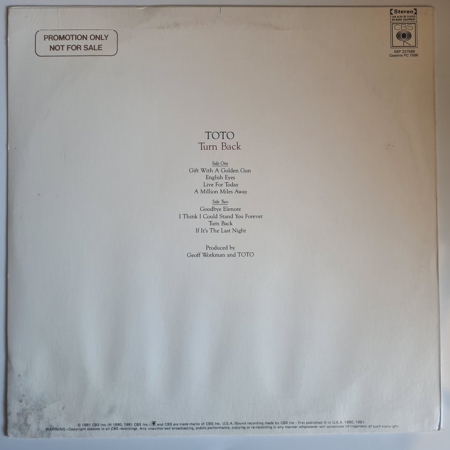 Toto – Turn Back - 1981 Australian Promo Copy- (with poster) - Vinyl Record LP - Sound Hound Records