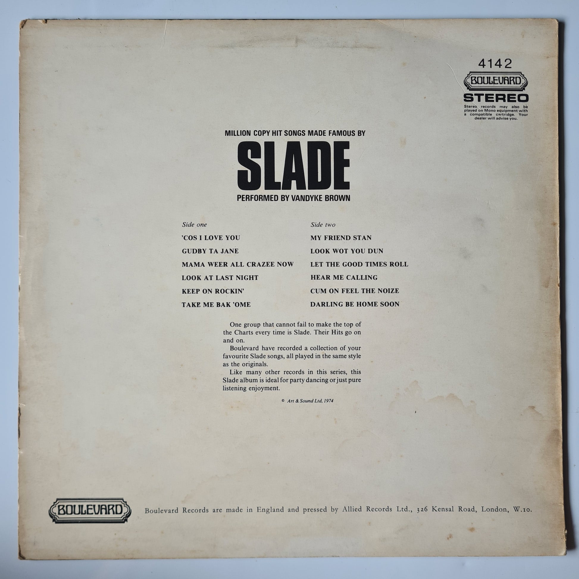 Vandyke Brown – Million Copy Hit Songs Made Famous By Slade - 1974 - Vinyl Record LP - Sound Hound Records