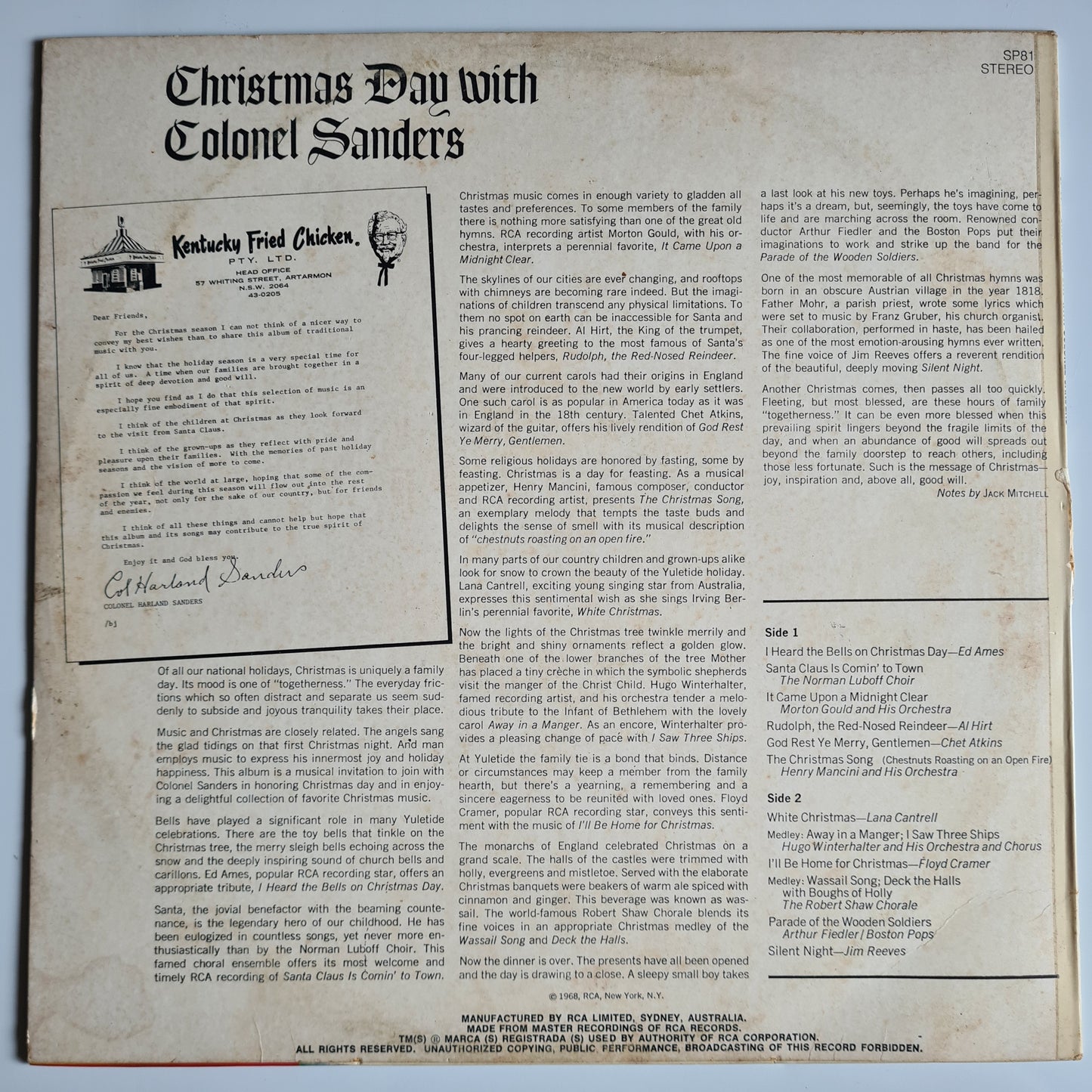 Various – Christmas Day With Colonel Sanders - 1968 (Australian Pressing) - Vinyl Record LP - Sound Hound Records