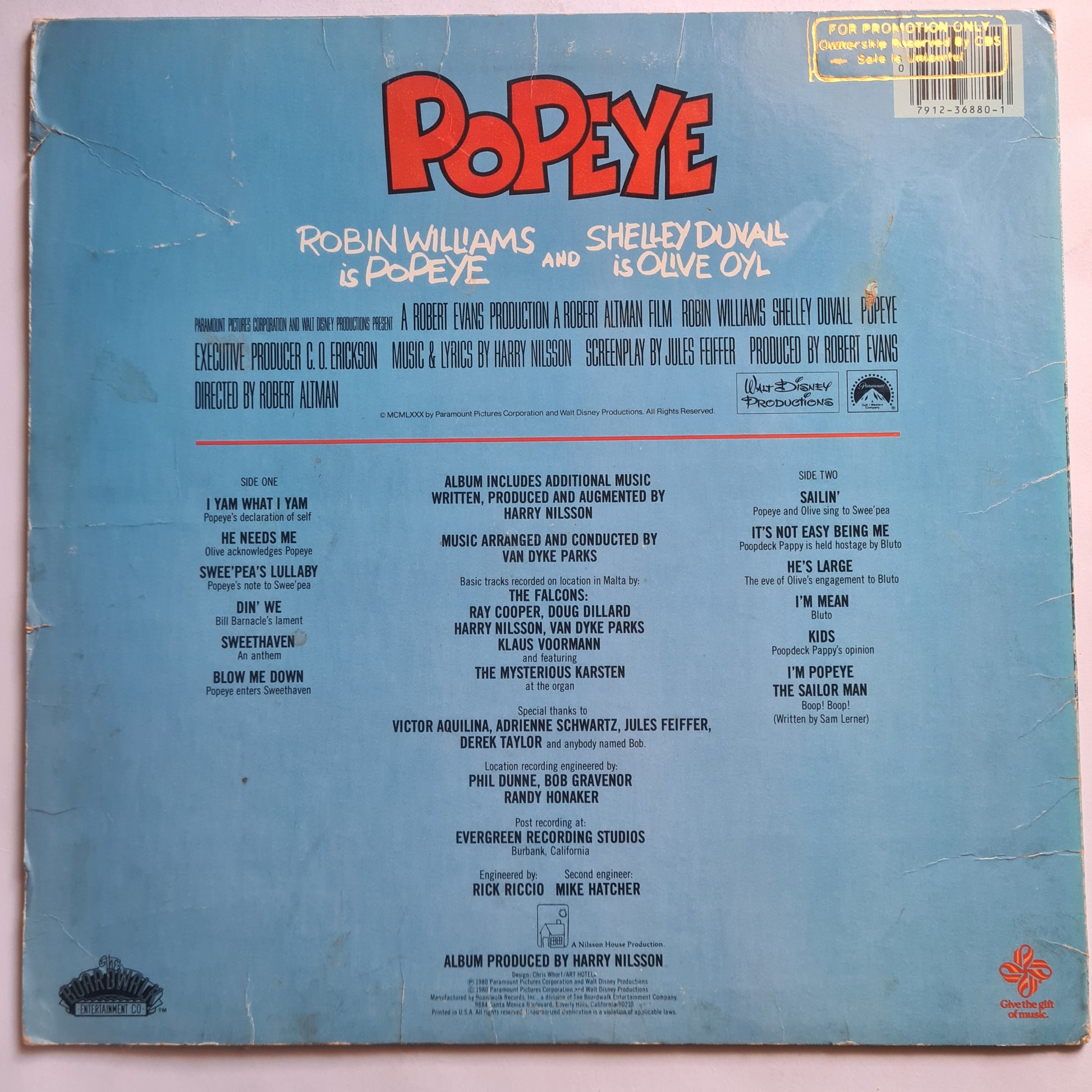 Various (Harry Nilsson) – Popeye - Original Motion Picture Soundtrack Album - 1980 Vinyl Record - Sound Hound Records