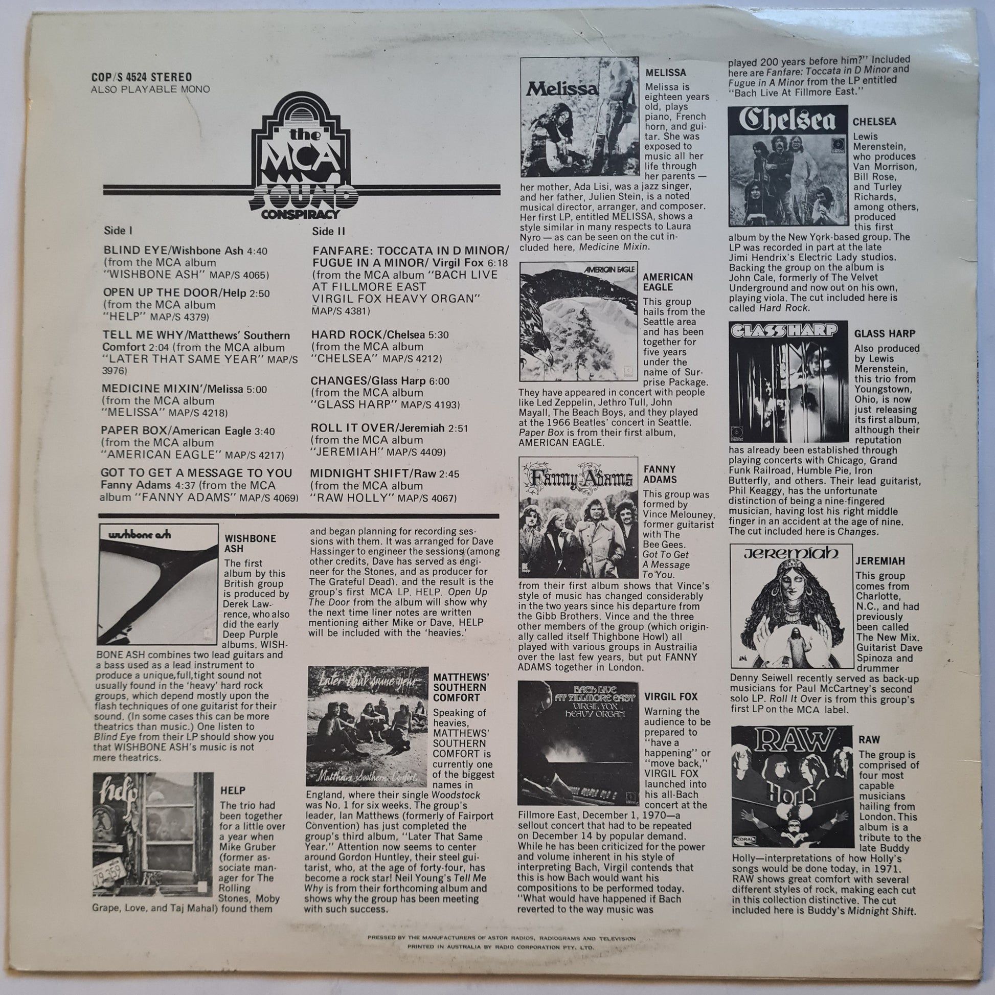 Various – The MCA Sound Conspiracy - 1971 - Vinyl Record LP (featuring: Chelsea w/ Peter Criss from KISS) - Sound Hound Records