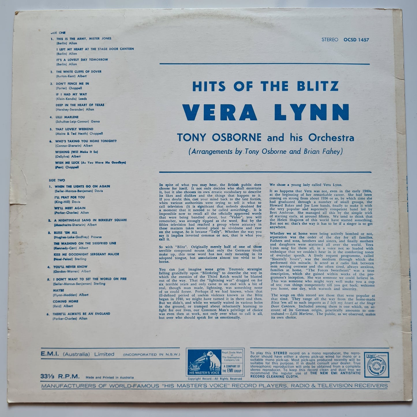 Vera Lynn With Tony Osborne And His Orchestra – Hits Of The Blitz - 1962 - Vinyl Record LP - Sound Hound Records