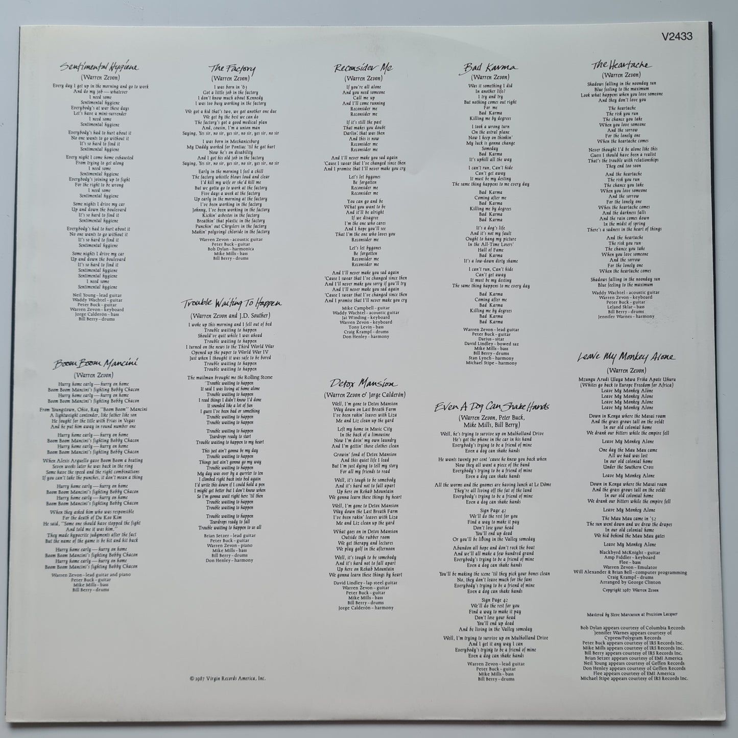 Warren Zevon – Sentimental Hygiene - 1987 - Vinyl Record LP - Sound Hound Records
