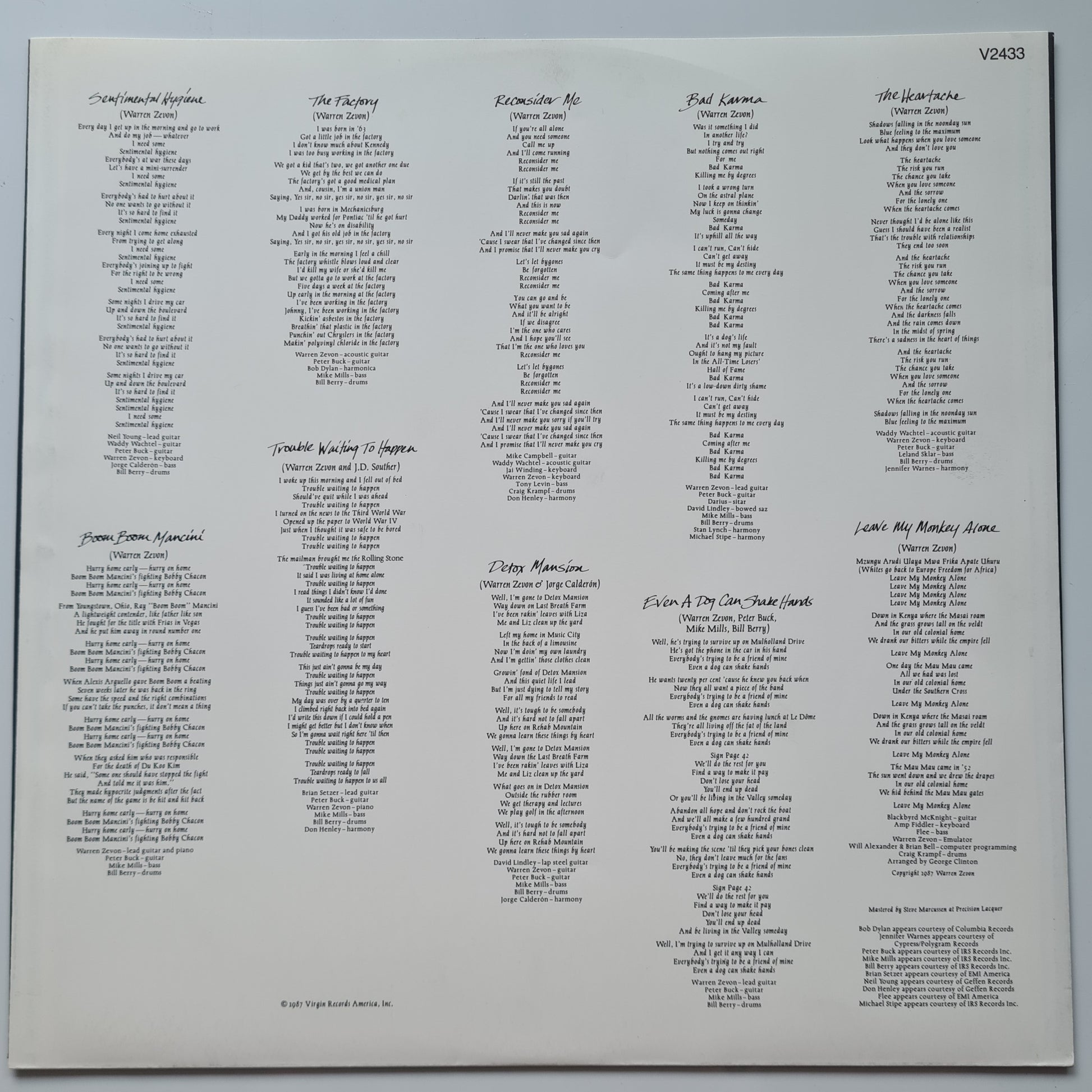 Warren Zevon – Sentimental Hygiene - 1987 - Vinyl Record LP - Sound Hound Records