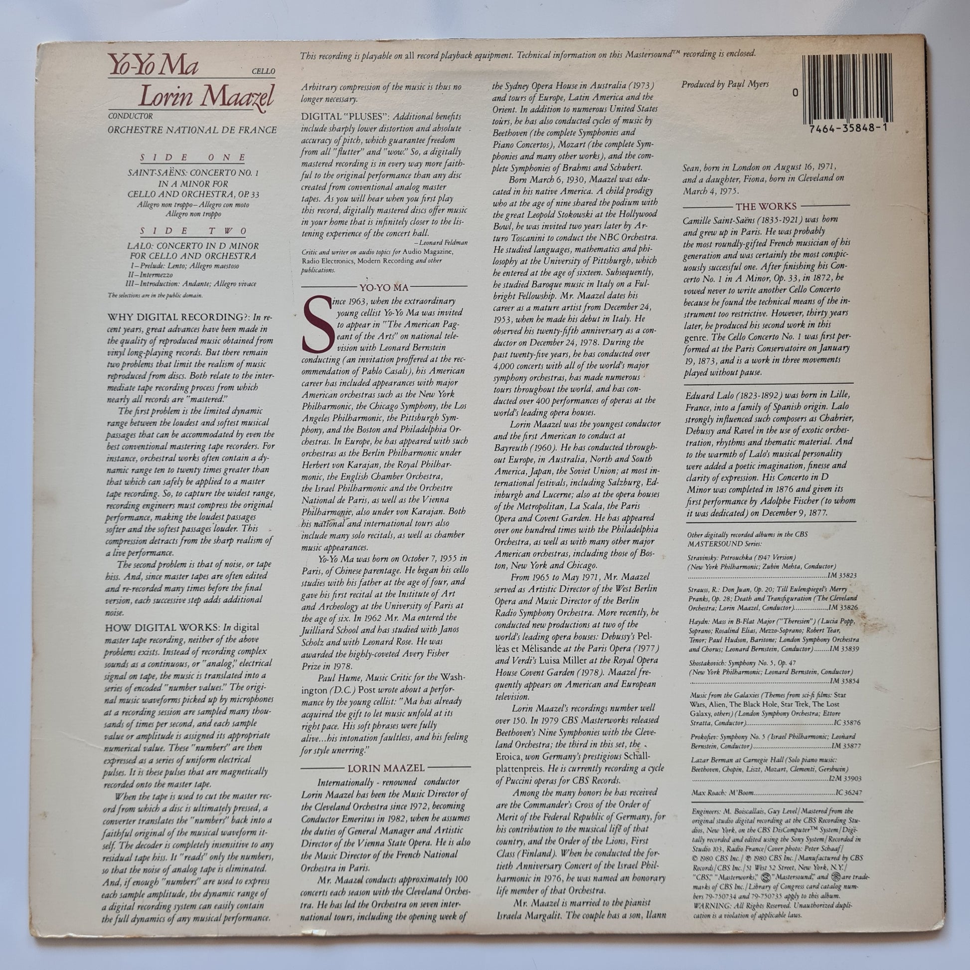 Yo-Yo Ma, Lorin Maazel, Orchestre National De France - Lalo* / Saint-Saëns – Cello Concertos - 1980 - Vinyl Record LP (Audiophile Pressing) - Sound Hound Records