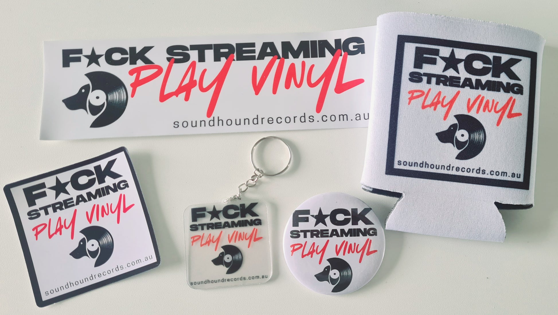 F*CK STREAMING PLAY VINYL: Gift Bundle - Keyring, Stubby Holder, Badge, Bumper Sticker & Regular Sticker - Free Postage by Sound Hound Records