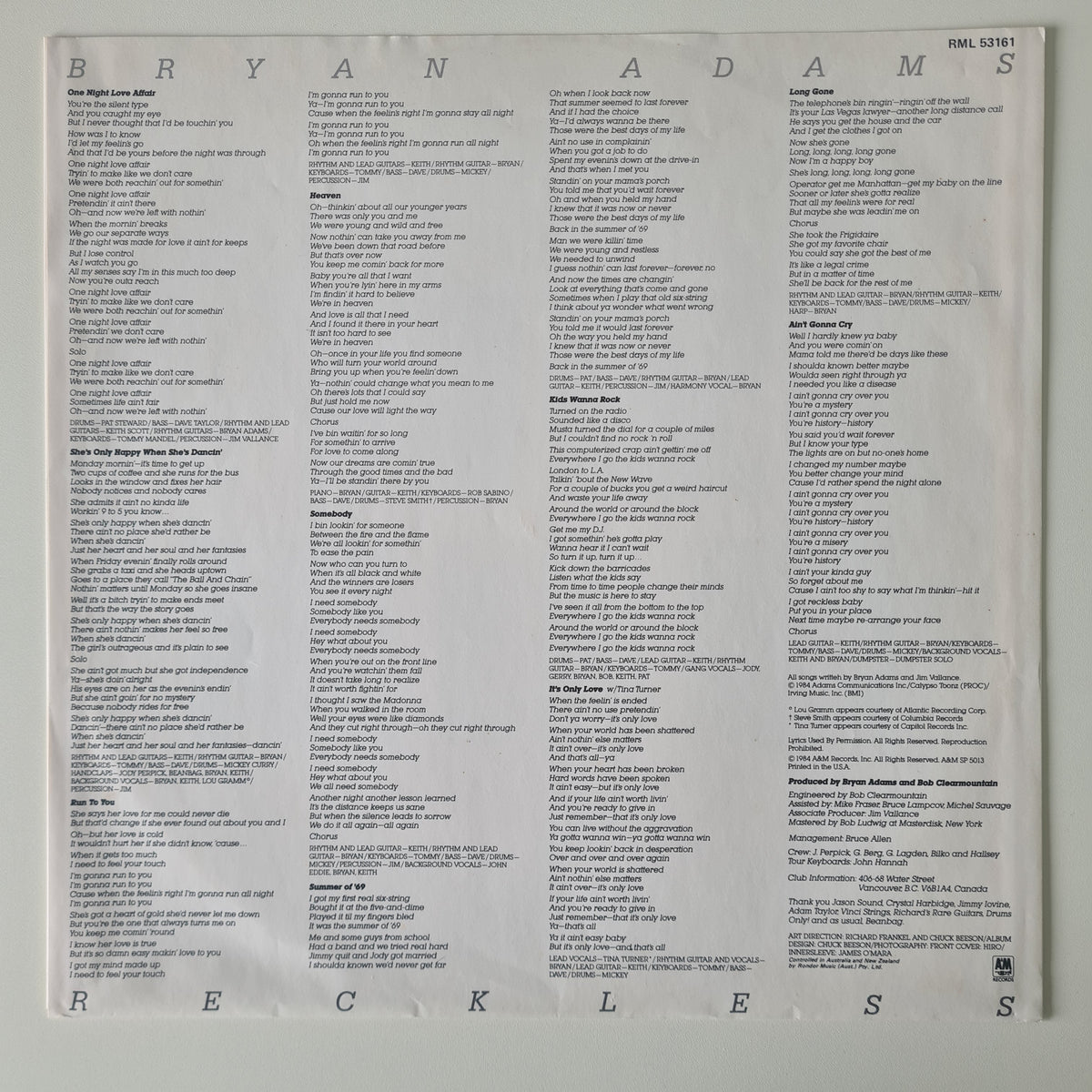 Bryan Adams – Reckless - 1984 (Australian Only XMAS Gift Pack Edition) - Vinyl Record LP