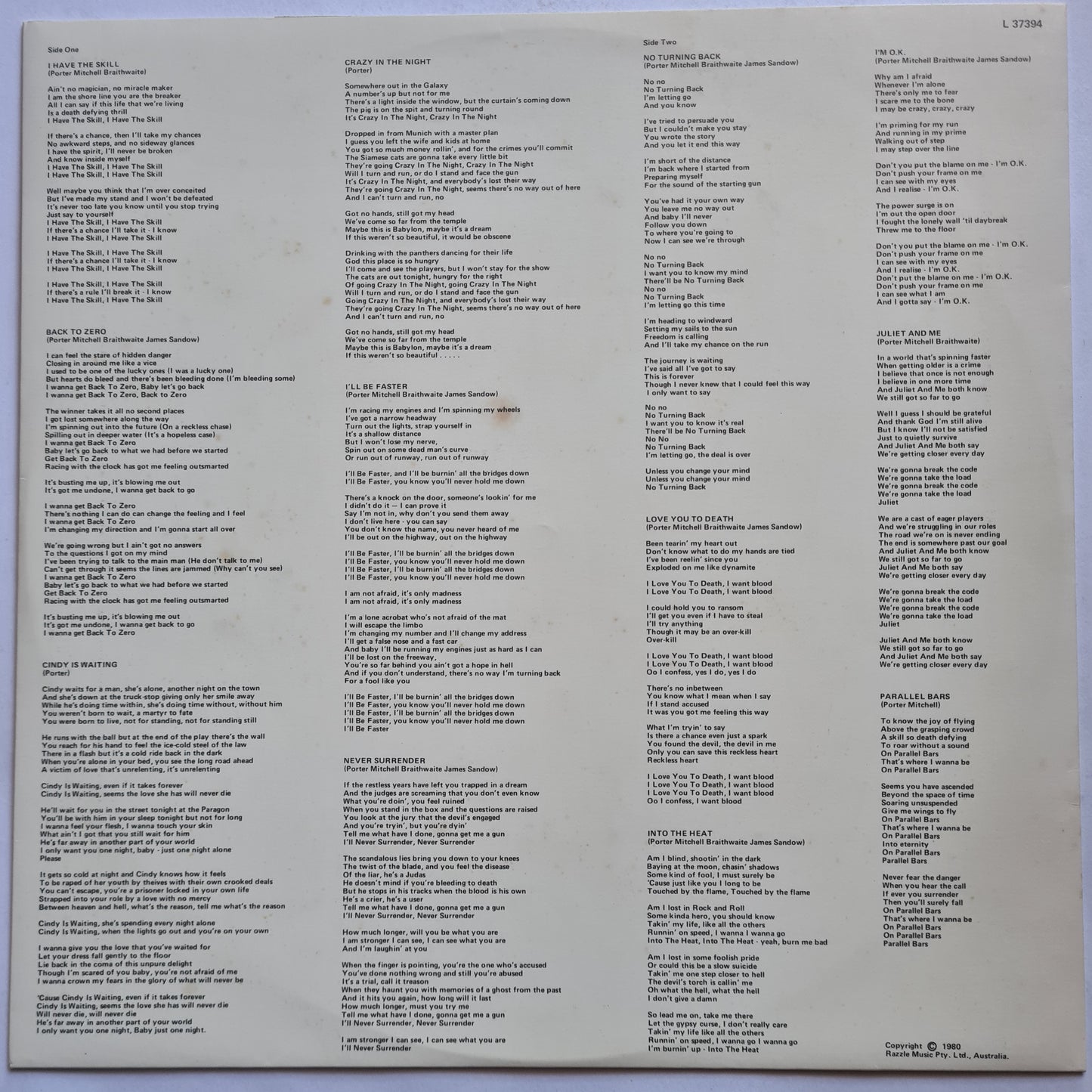 Sherbs (Sherbet) – The Skill - 1980 (Australian pressing)- Vinyl Record LP