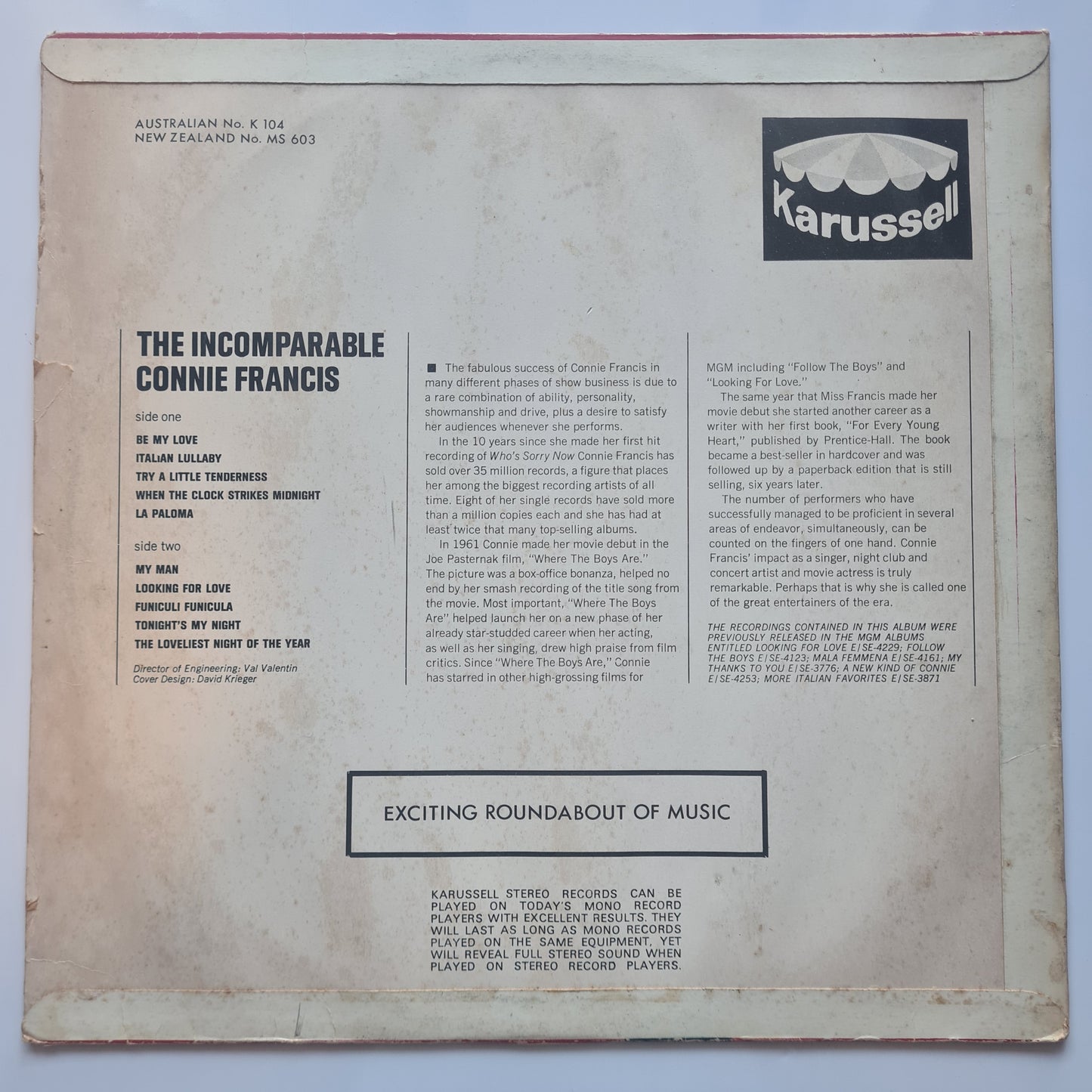Connie Francis - The Incomparable Connie Francis - 1960's Australian Pressing - Vinyl Record LP