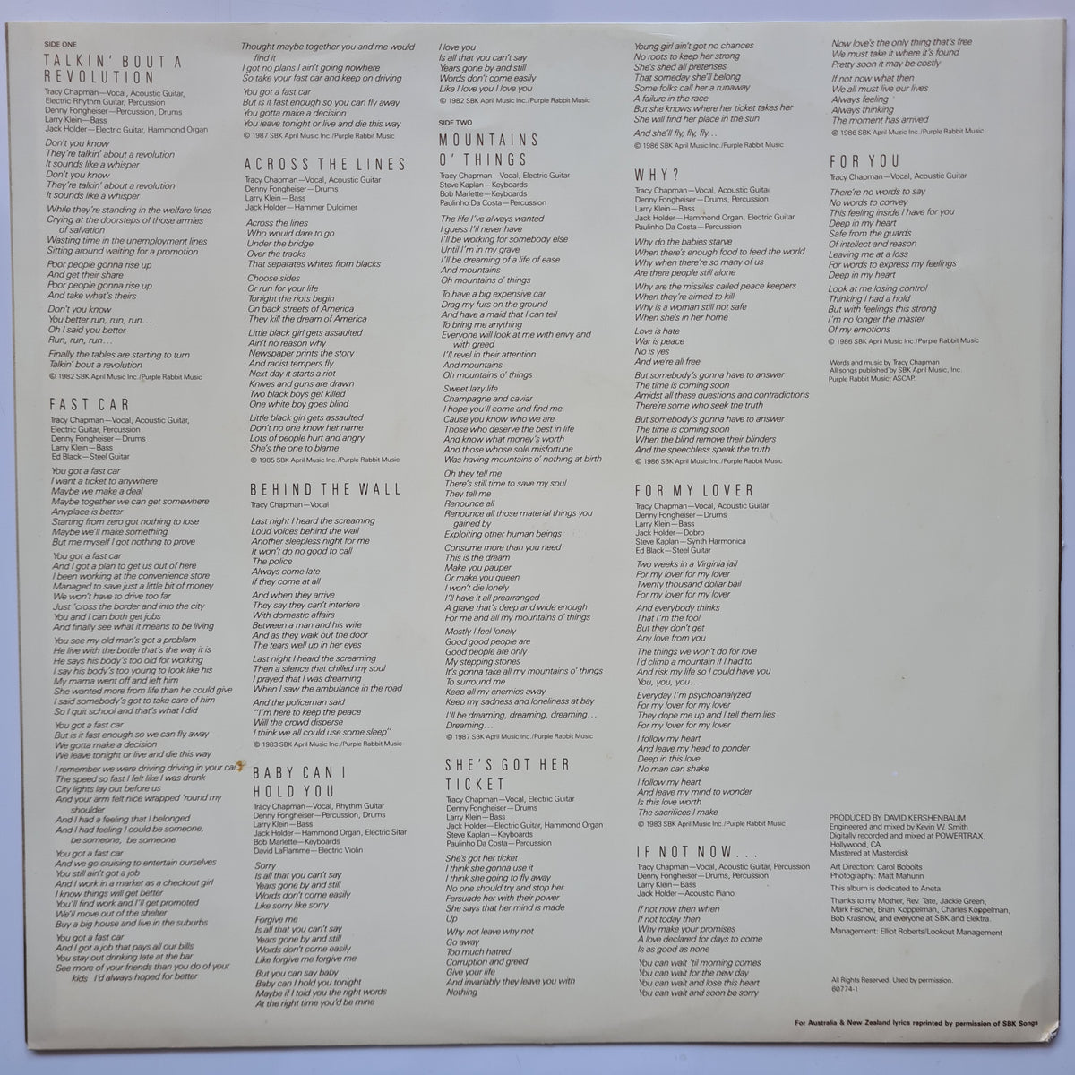Tracy Chapman – Tracy Chapman - 1988 (First Australian Pressing) - Vinyl Record LP (near mint)