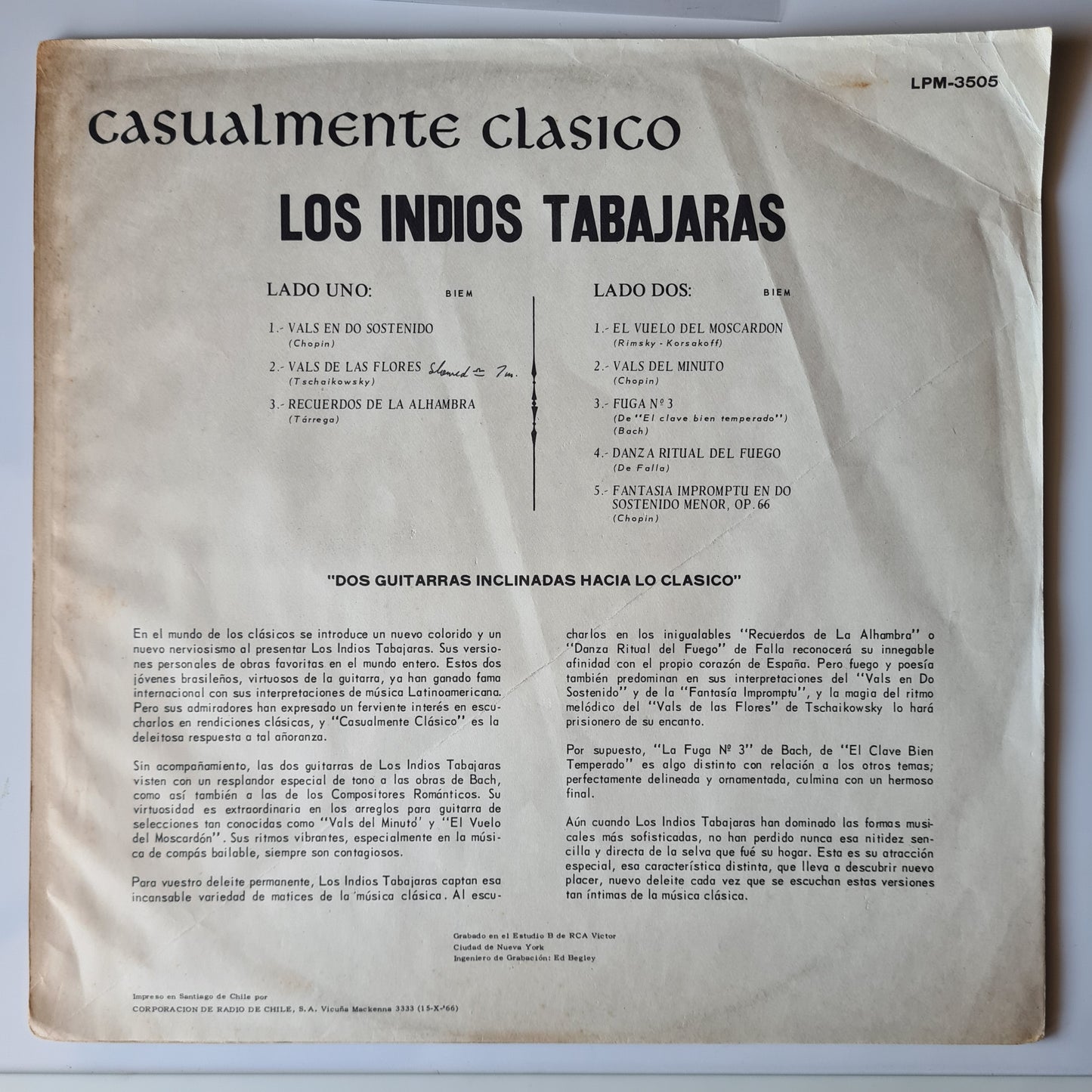 Los Indios Tabajaras – Casualmente Clasico - 1966 (MONO Chile Pressing) - Vinyl Record LP 🇧🇷