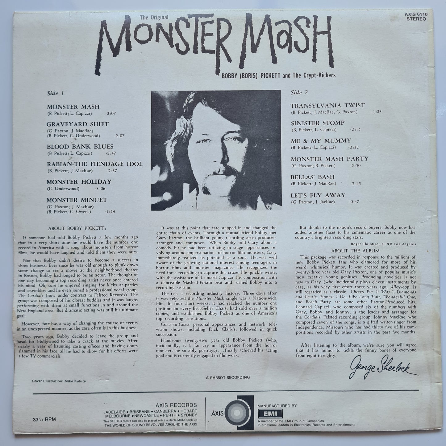 Bobby (Boris) Pickett And The Crypt-Kickers  – The Original Monster Mash - 1962 (1973 Australian Press) - Vinyl Record LP
