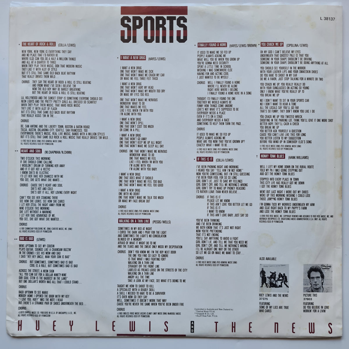 Huey Lewis & The News – Sports - 1984 - Vinyl Record LP
