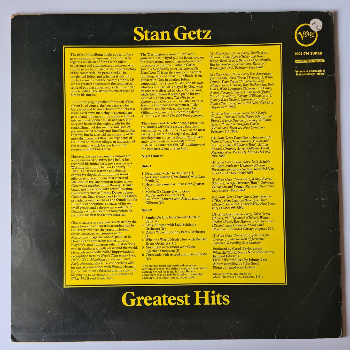 Stan Getz - Greatest Hits - 1970's UK Pressing - Vinyl Record LP