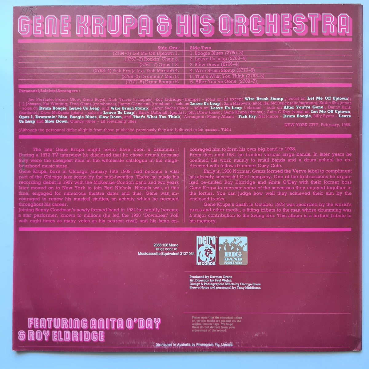 Gene Krupa & His Orchestra Featuring Anita O'Day & Roy Eldridge – The Big Band Sound Of Gene Krupa - 1956 (1974 Australian Repress) - Vinyl Record LP