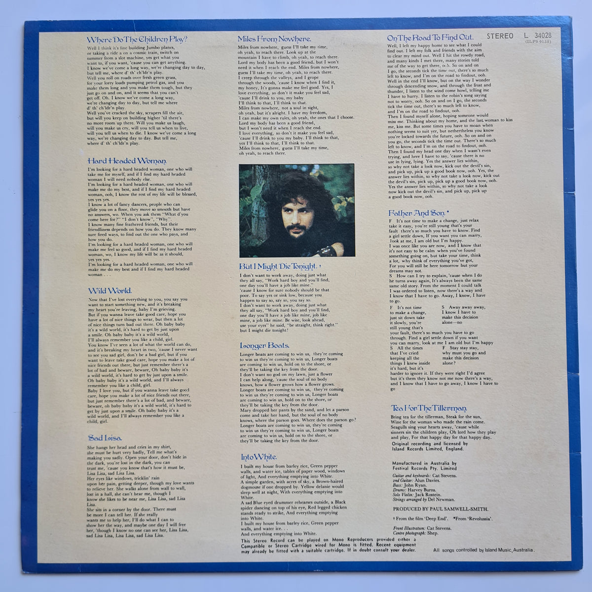 Cat Stevens – Tea For The Tillerman - 1970 (Late 70's Australian Pressing) - Vinyl Record LP