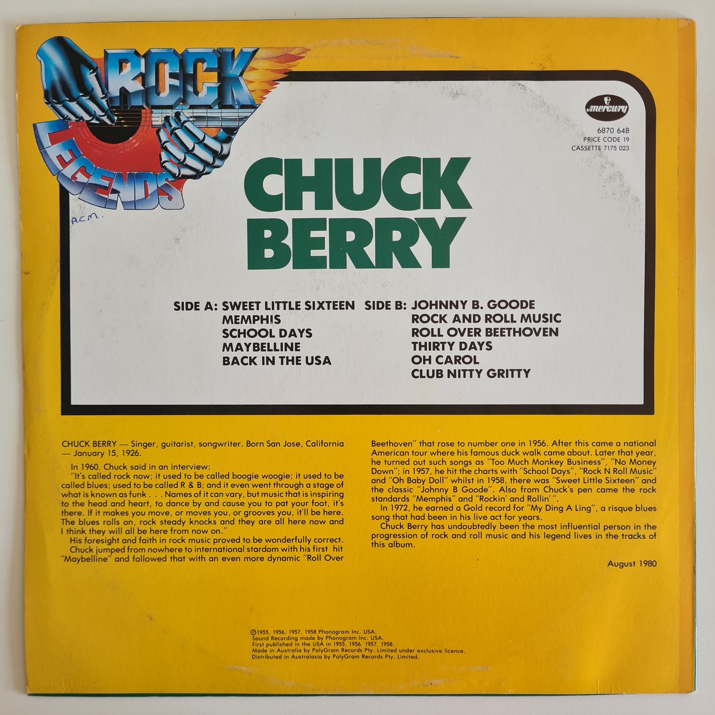 Chuck Berry – Rock Legends (Greatest Hits) - 1980 - Vinyl Record LP