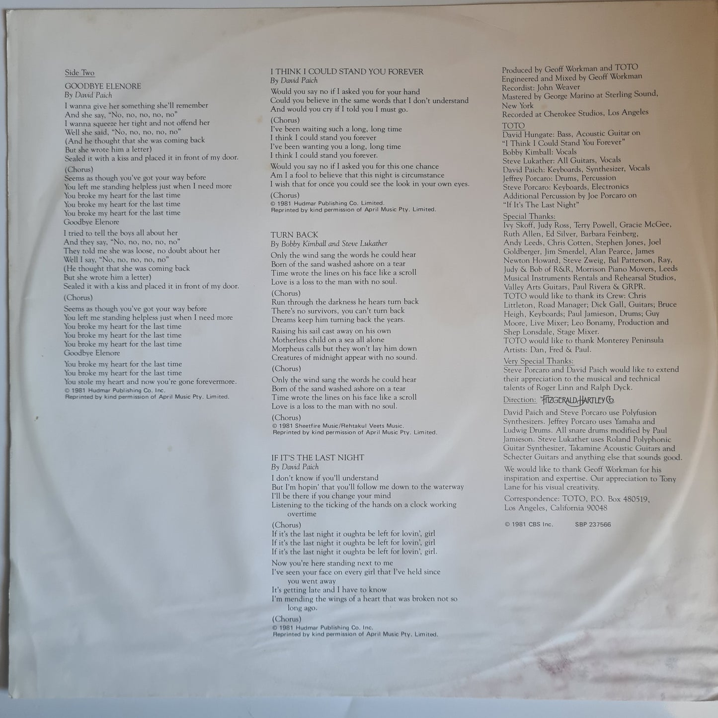 Toto – Turn Back - 1981 Australian Promo Copy- (with poster) - Vinyl Record LP
