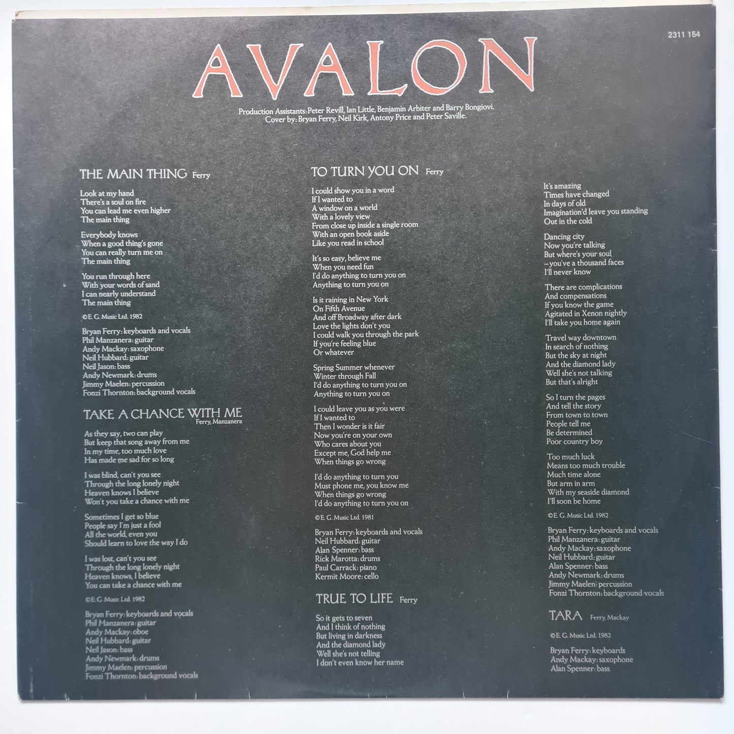 Roxy Music – Avalon - 1982 - Vinyl Record LP