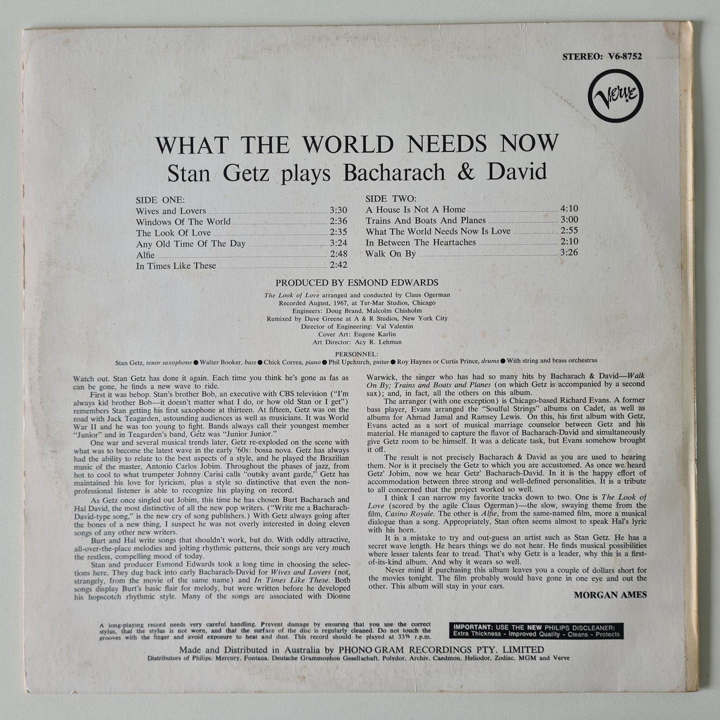 Stan Getz - What The World Needs Now (Stan Getz Plays Bacharach And David) - 1968 - Vinyl Record LP