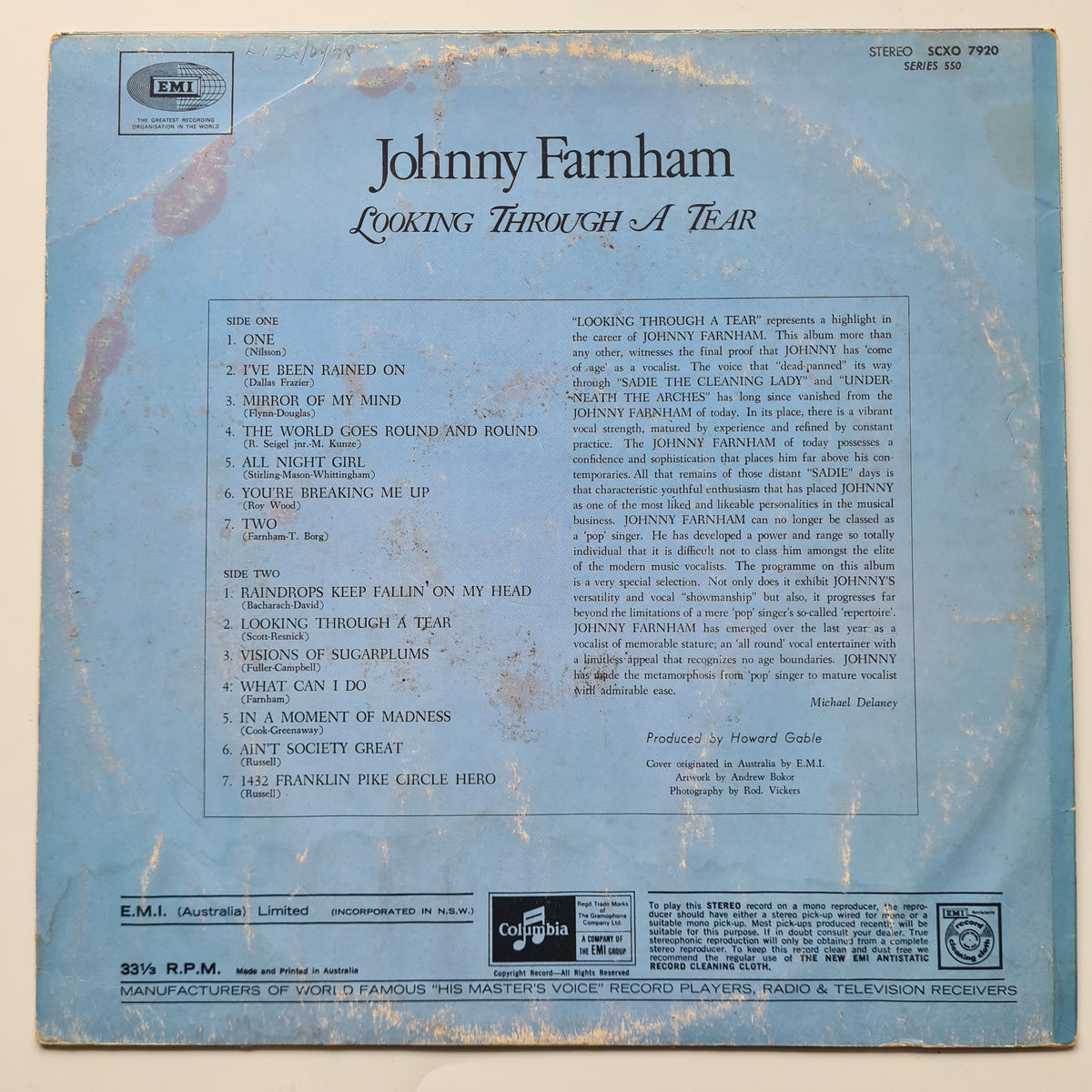 Johnny Farnham – Looking Through A Tear - 1970 - Vinyl Record LP