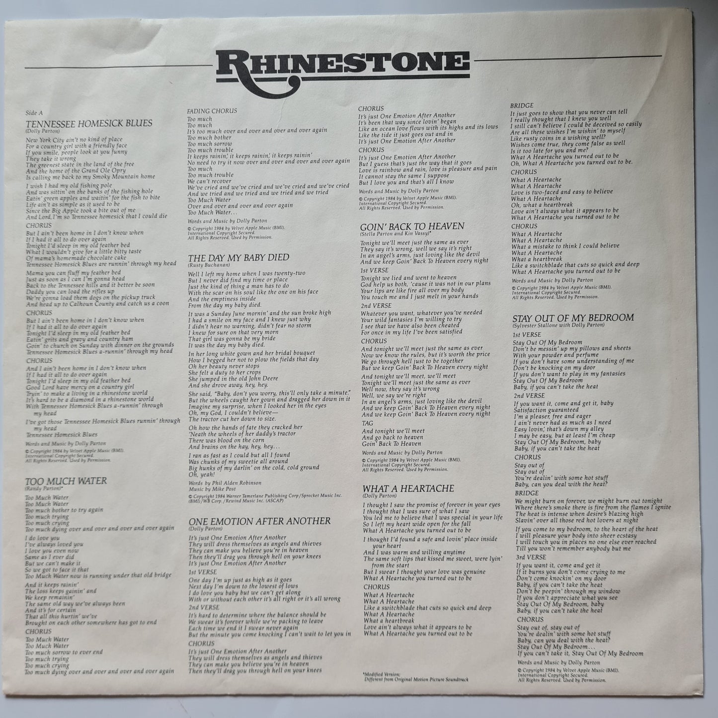 Various (Dolly Parton) - Rhinestone: Original Soundtrack From Motion Picture – 1984 - Vinyl Record LP