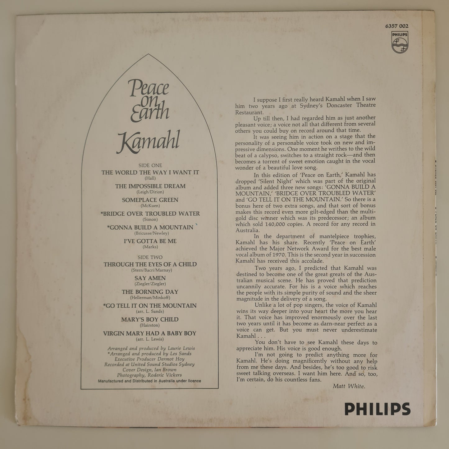 Kamahl – Peace On Earth (Xmas Album) - 1970 (1971 Australian reissue) - Vinyl Record LP