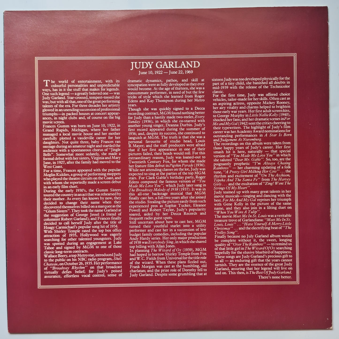 Judy Garland  – The Best Of Judy Garland... There's None Better!  - 1980 - Vinyl Record LP
