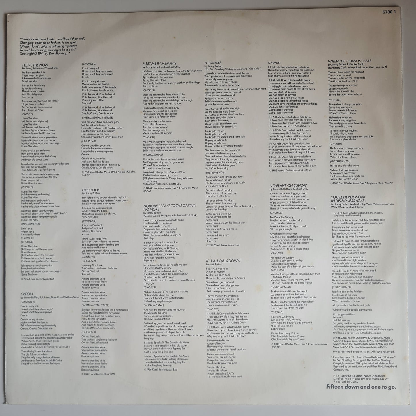 Jimmy Buffett – Floridays - 1986 - Vinyl Record LP