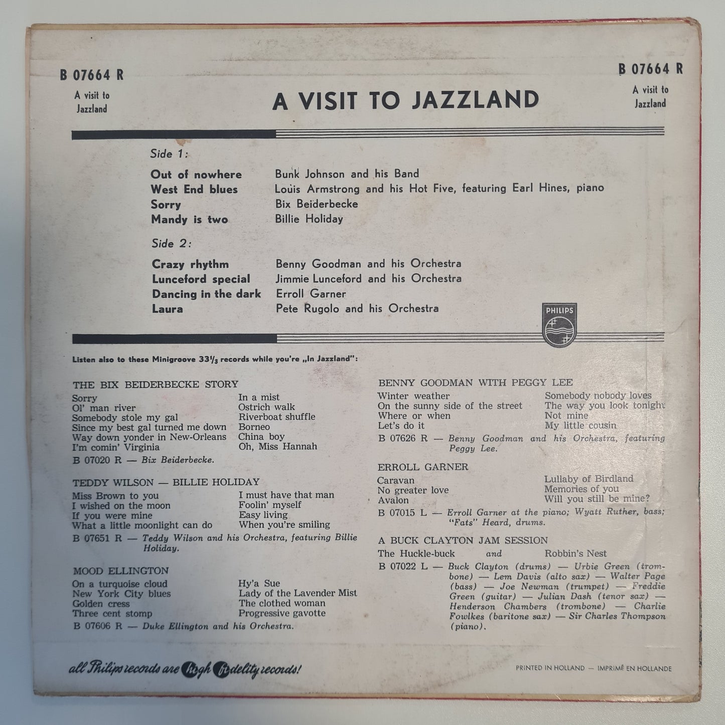 Various – A Visit To Jazzland - 1954 (Netherlands Pressing) - Vinyl Record 10"